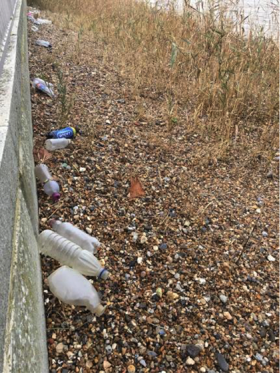 Litter to rear of downstream end of terrace on top of washed out fill, Autumn 2017.